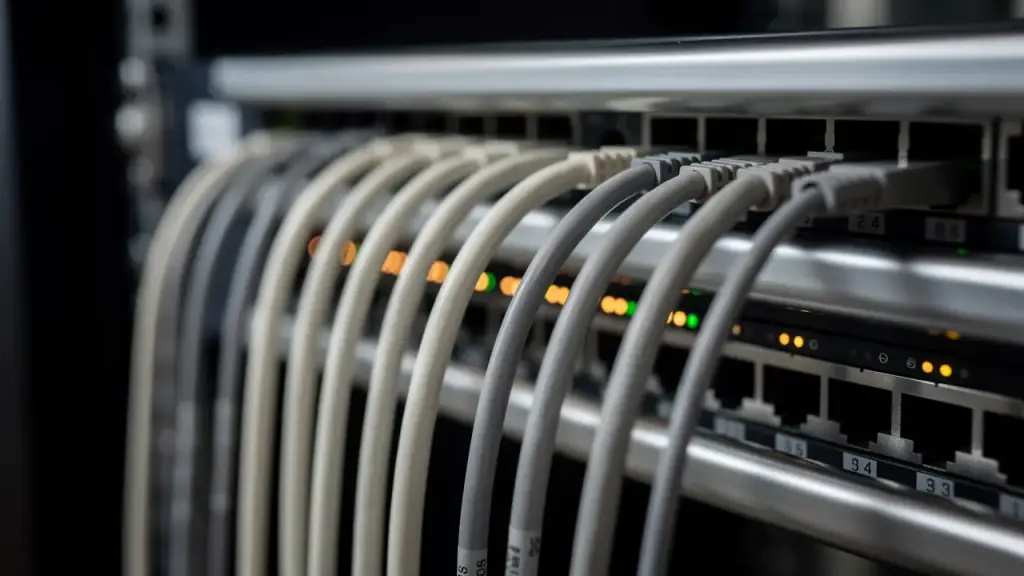 Dressed twisted-pair jumpers arcing into a patch panel, port indicators lit along the panel face