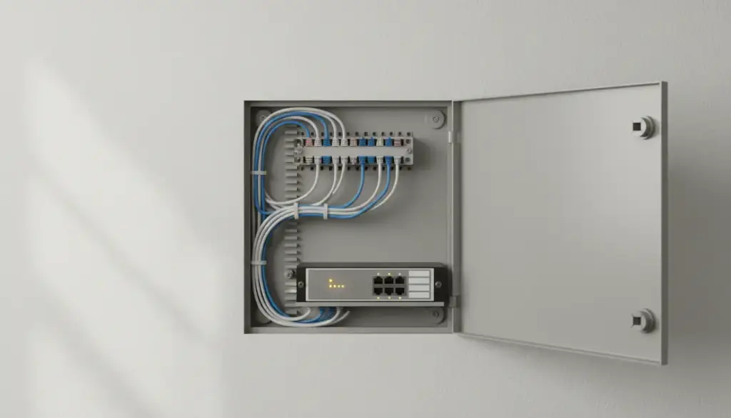 An opened structured wiring enclosure in a wall, patch block above, twisted pair combed in service loops