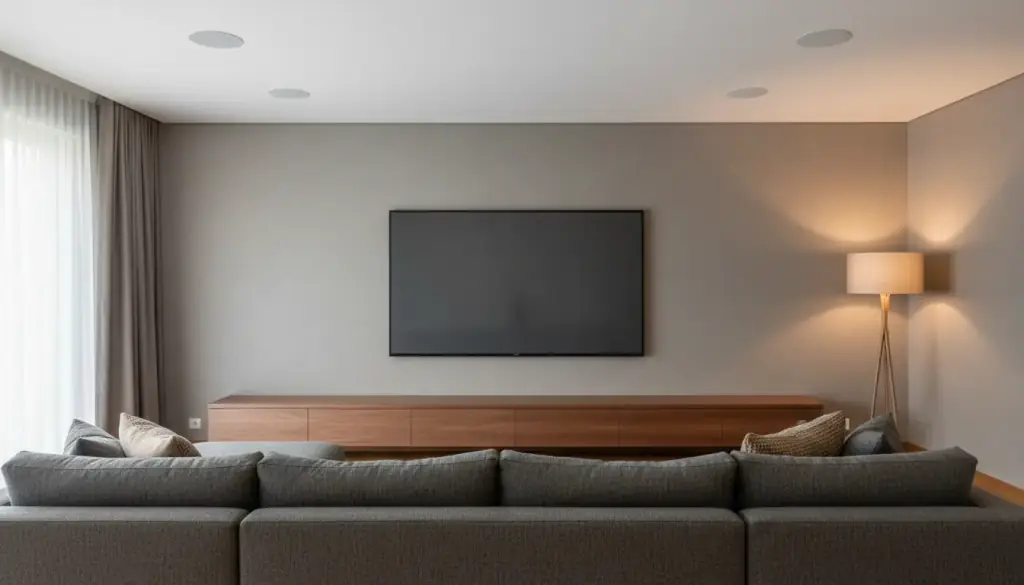 A finished living room with a television mounted flush to the wall and no visible cabling